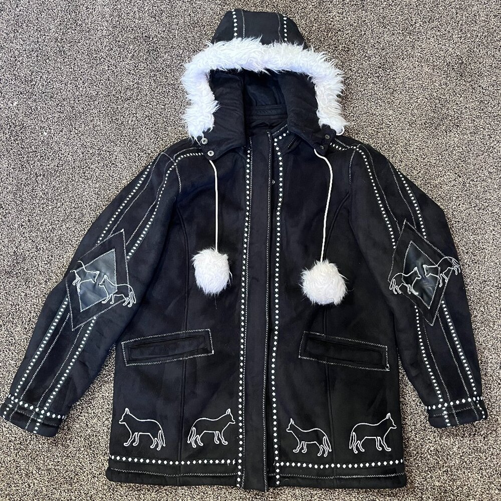 Ameri Mode Black Wolf Coat Women MED Faux Fur Hooded Embroidered Parka